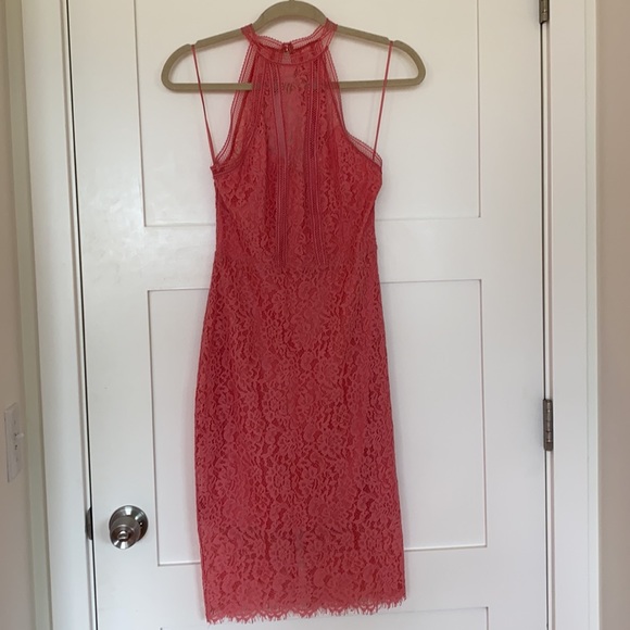 Express High Neck Lace Sheath Dress, Coral, size S - Picture 3 of 6